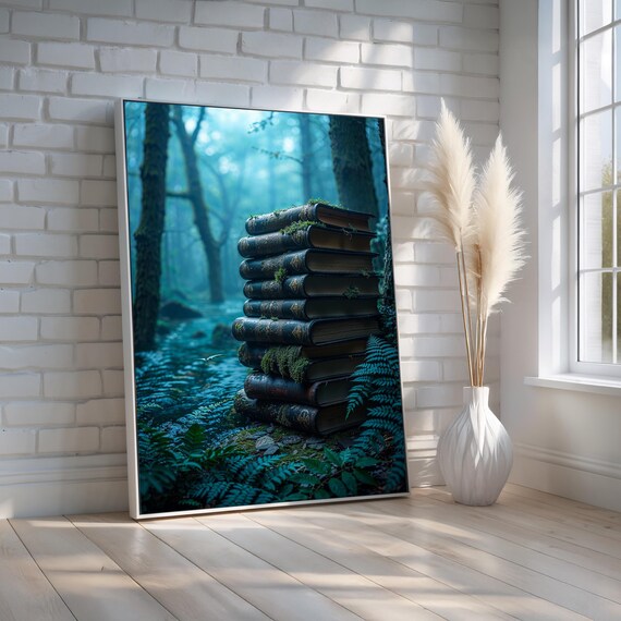 Mystical Book Stack Enchanted Forest Library Fantasy Art Poster
