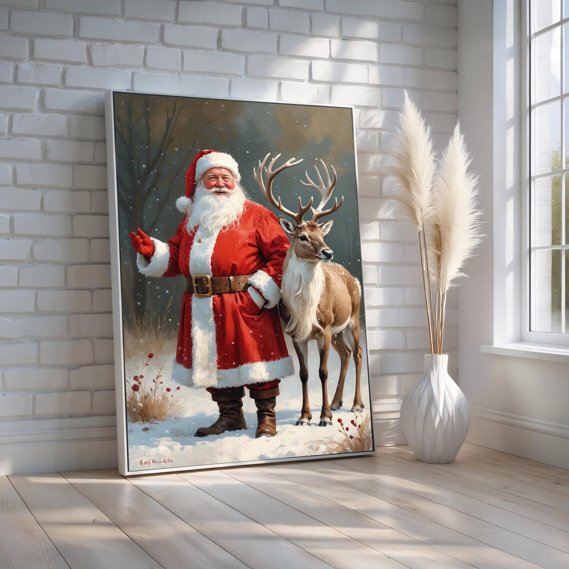 Vintage Santa Claus with Reindeer Snowy Christmas Scene Art Poster