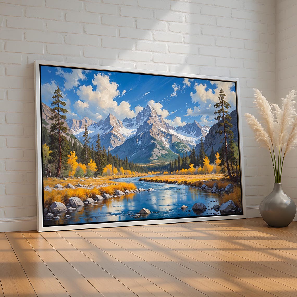 Snow Capped Mountain River Valley Autumn Landscape Art Print