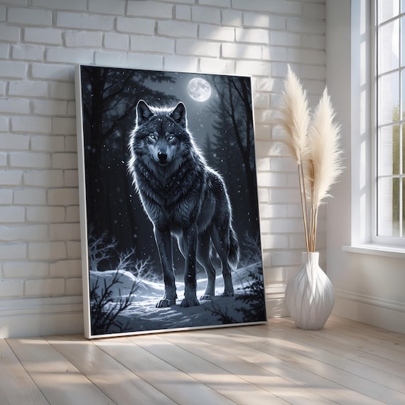 Moonlit Lone Wolf Wall Art Mystical Winter Forest Canvas Dark Nature Animal Print Symbolic Spirit Decor Ready To Hang