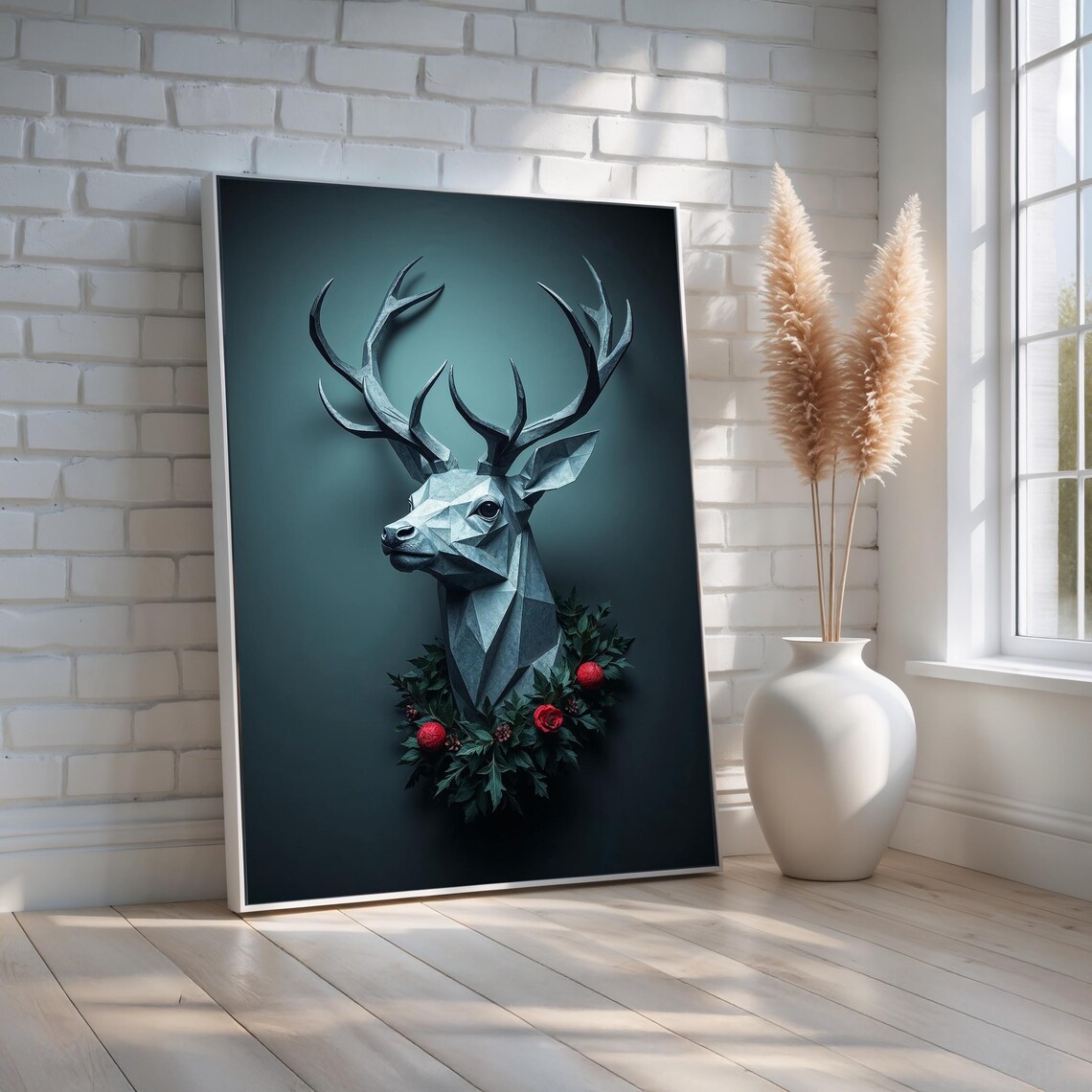 Geometric Deer Wall Art Modern Polygon Stag Canvas In Deep Teal Tones Rustic Lodge Or Masculine Office Decor Ready To Hang