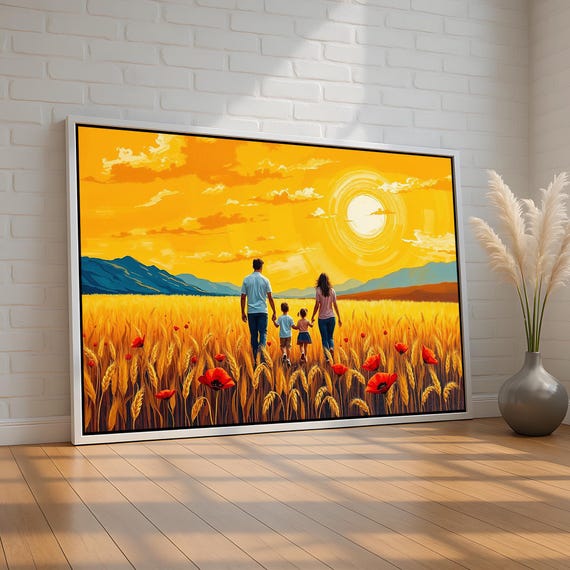 Family In Sunset Field Wall Art Warm Wheat Landscape Canvas Print Wholesome Home Decor Love Togetherness Artwork Ready To Hang
