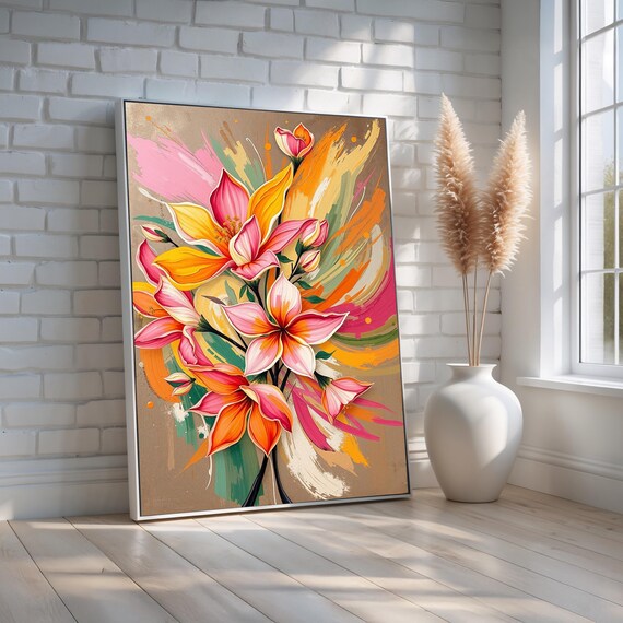 Vibrant Abstract Floral Wall Art Colorful Pink Orange Yellow Flower Canvas With Brushstroke Background Bold Print Ready To Hang
