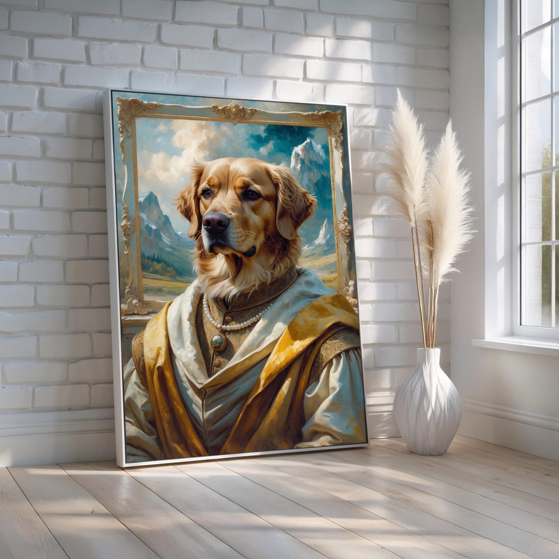 Royal Golden Retriever Portrait Wall Art Funny Pet Canvas Poster Noble Dog Painting In Costume Quirky Animal Decor Ready To Hang