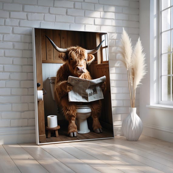 Funny Highland Cow Wall Art Rustic Farmhouse Animal Poster Or Canvas Quirky Bathroom Decor Country Gift Ready To Hang
