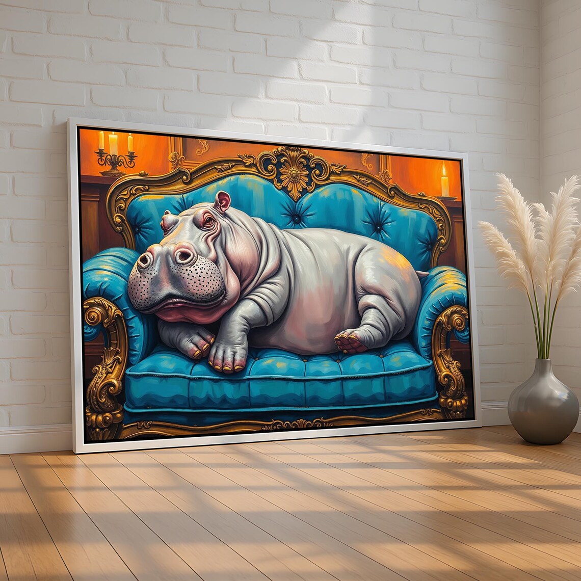 Regal Hippo Lounging on Blue Velvet Baroque Couch Funny Art Poster
