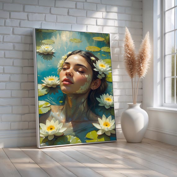 Lily Pond Woman Wall Art Serene Dreamy Portrait With Water Lilies Feminine Botanical Canvas Print Tranquil Decor Ready To Hang