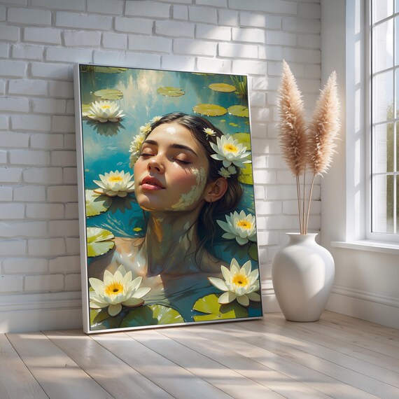 Woman Among Water Lilies Serene Floral Portrait Painting Art Poster