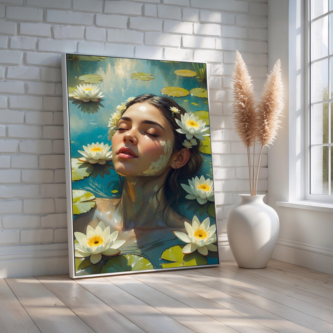 Woman Among Water Lilies Serene Floral Portrait Painting Art Poster