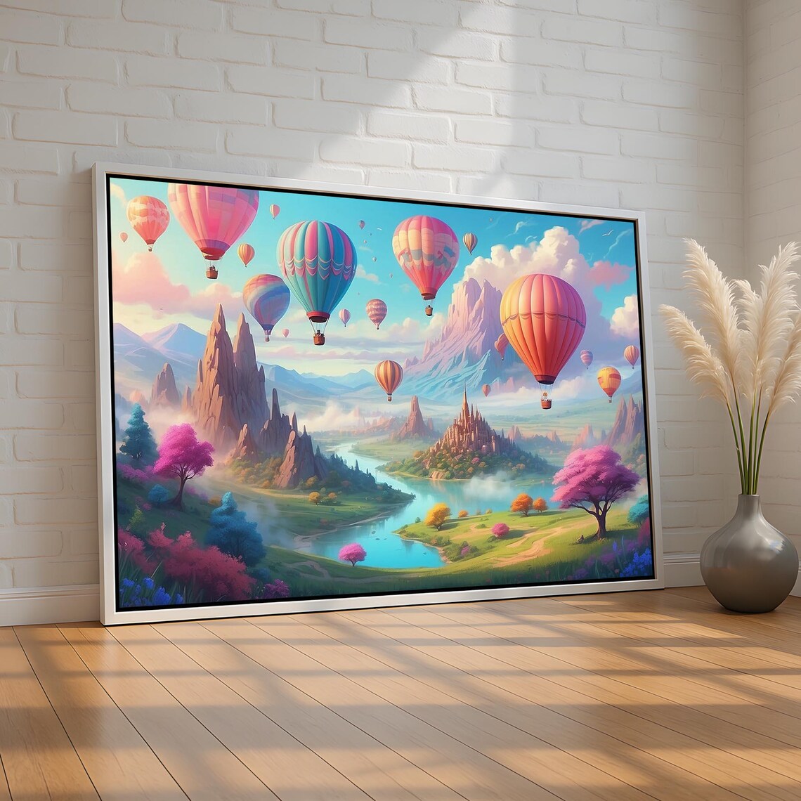 Hot Air Balloons Pastel Fantasy Valley Mountains Dreamy Poster Art
