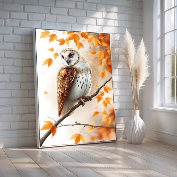 Autumn Owl Poster Fall Forest Bird Wall Art Rustic Barn In Orange Maple Leaves Print Cozy Seasonal Decor Ready To Hang