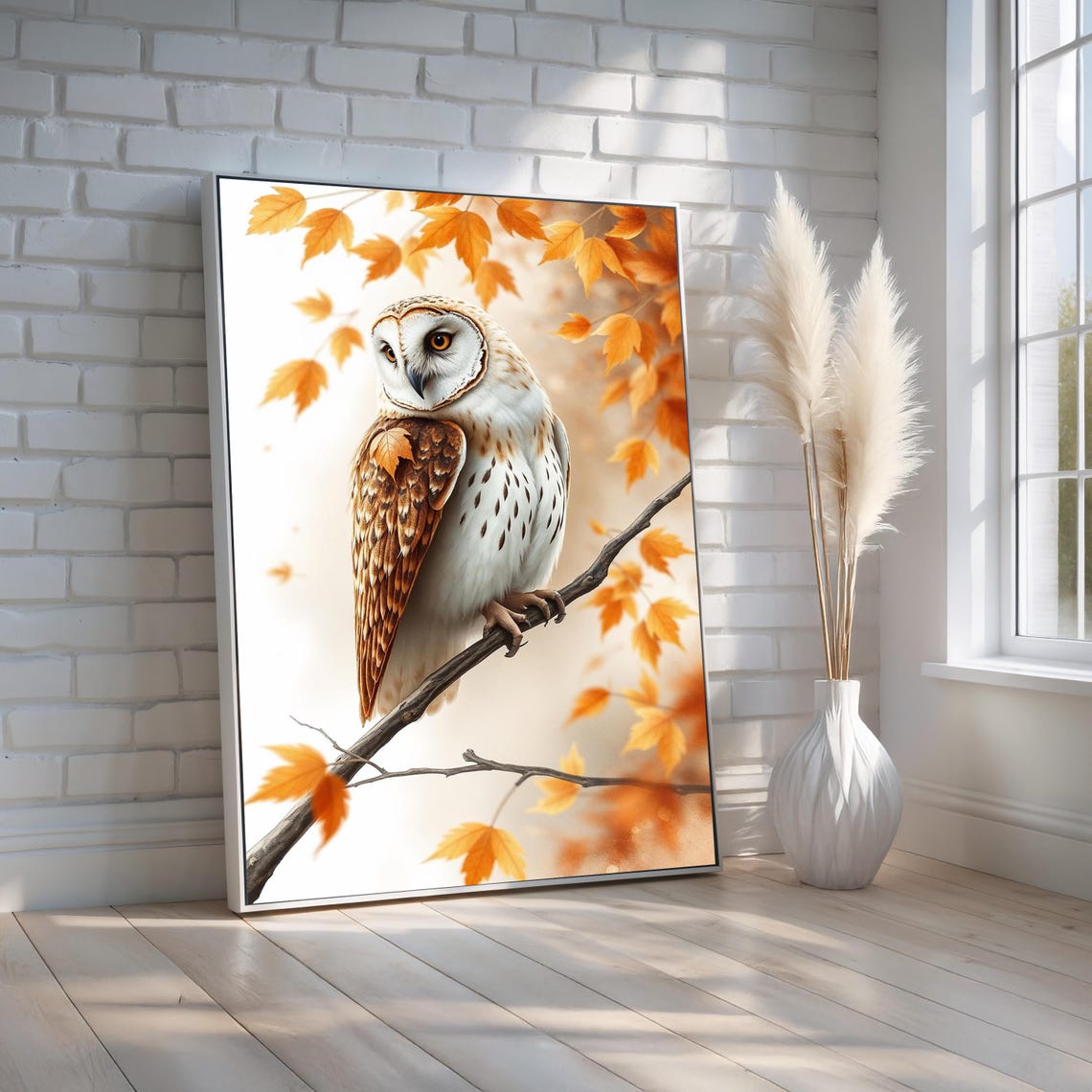 Autumn Owl Poster Fall Forest Bird Wall Art Rustic Barn In Orange Maple Leaves Print Cozy Seasonal Decor Ready To Hang