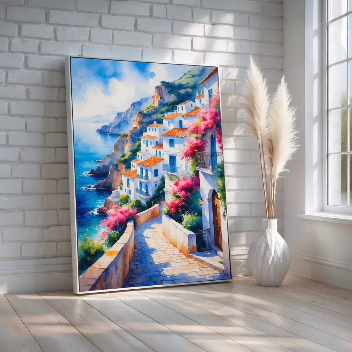 Sunlit Mediterranean Village Cliffs Sea Watercolor Art Poster