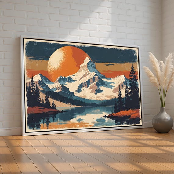 Retro Mountain Wall Art Vintage National Parkstyle Landscape Bold Sunset Colors Cabin Or Lodge Decor Gift Ready To Hang