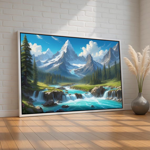 Majestic Snowy Mountain Landscape Vibrant River Waterfalls Wall Art Natureinspired Poster For Cabin Or Living Room Ready To Hang