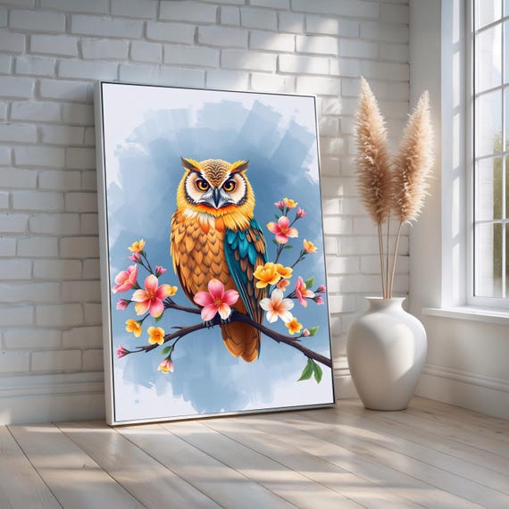 Colorful Owl Wall Art With Blossoms Bold Floral Bird Canvas Print Vibrant Wildlife Illustration Decor Modern Nature Ready To Hang