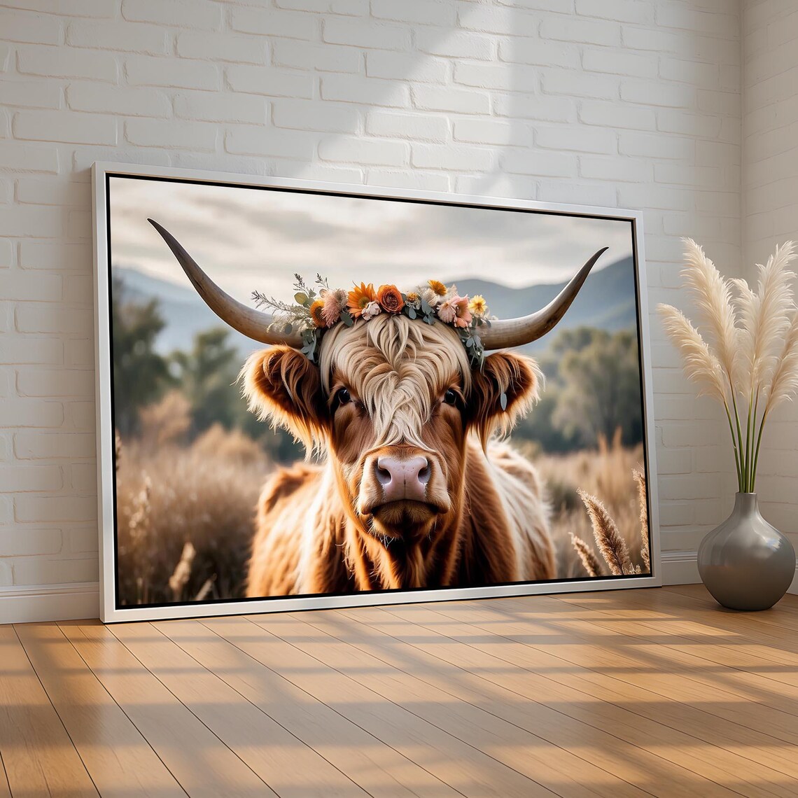 Highland Cow Flower Crown Rustic Farm Portrait Country Animal Poster