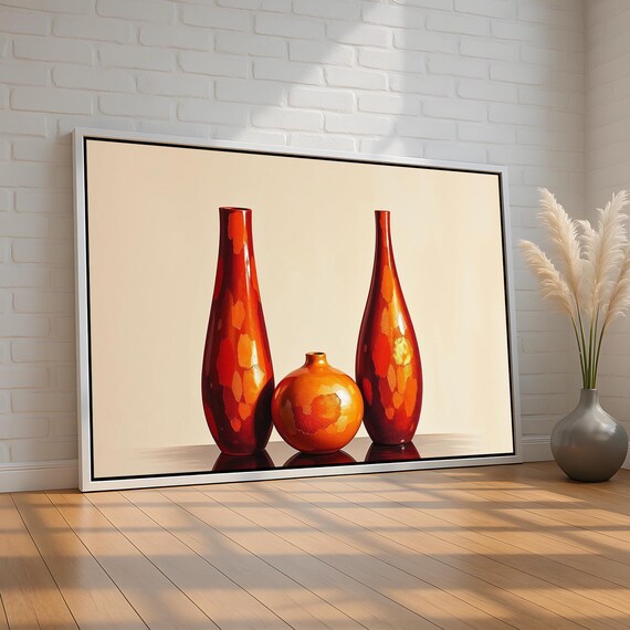 Modern Orange Red Vase Trio Poster Minimalist Abstract Ceramic Decor Wall Art Midcentury Style For Kitchen Or Living Room Ready To Hang