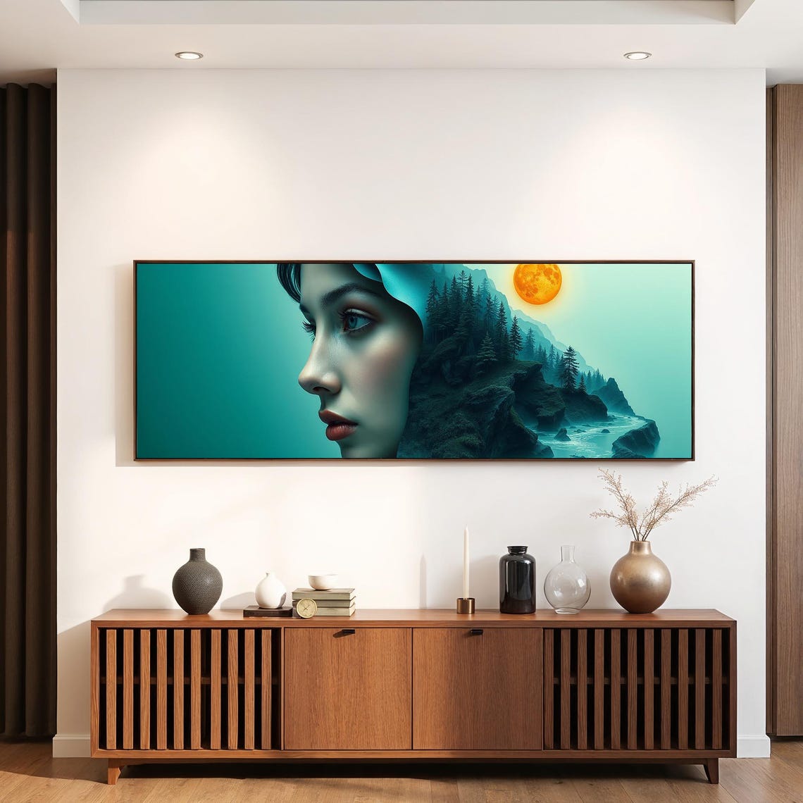 Surreal Woman Portrait Merging Into Moonlit Forest Panoramic Wall Art