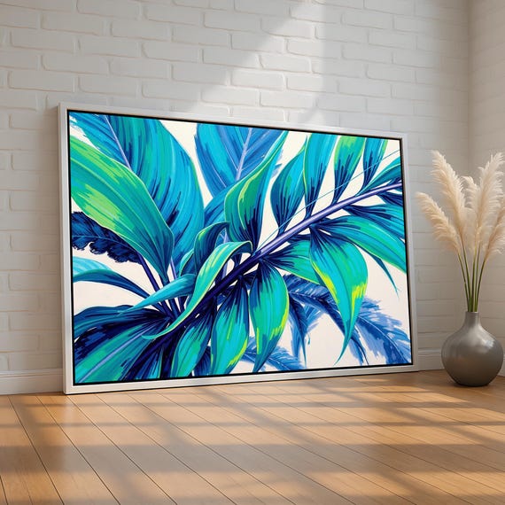 Tropical Leaf Wall Art Vibrant Blue Green Botanical Canvas Print Modern Coastal Jungle Decor For Living Room Or Office Ready To Hang