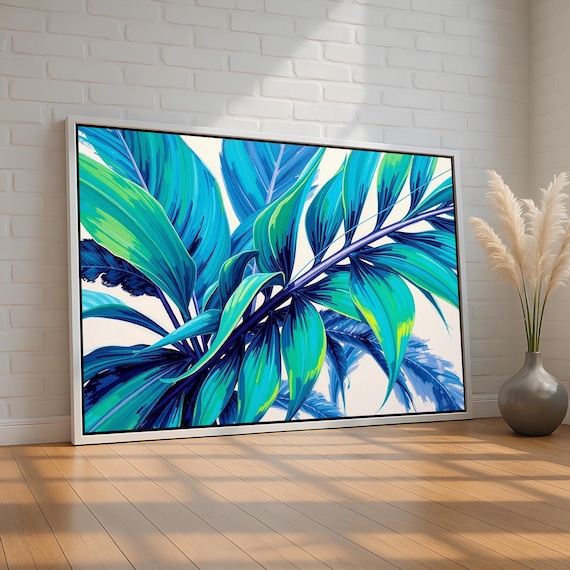 Tropical Palm Leaves Vibrant Blue Green Botanical Modern Decor Poster