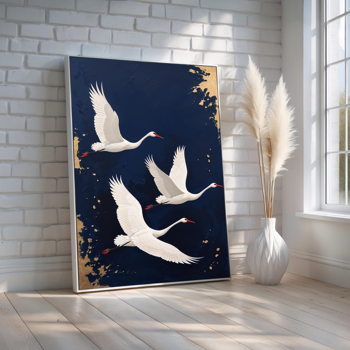 Three White Cranes In Flight Navy Blue Gold Japanese Style Poster
