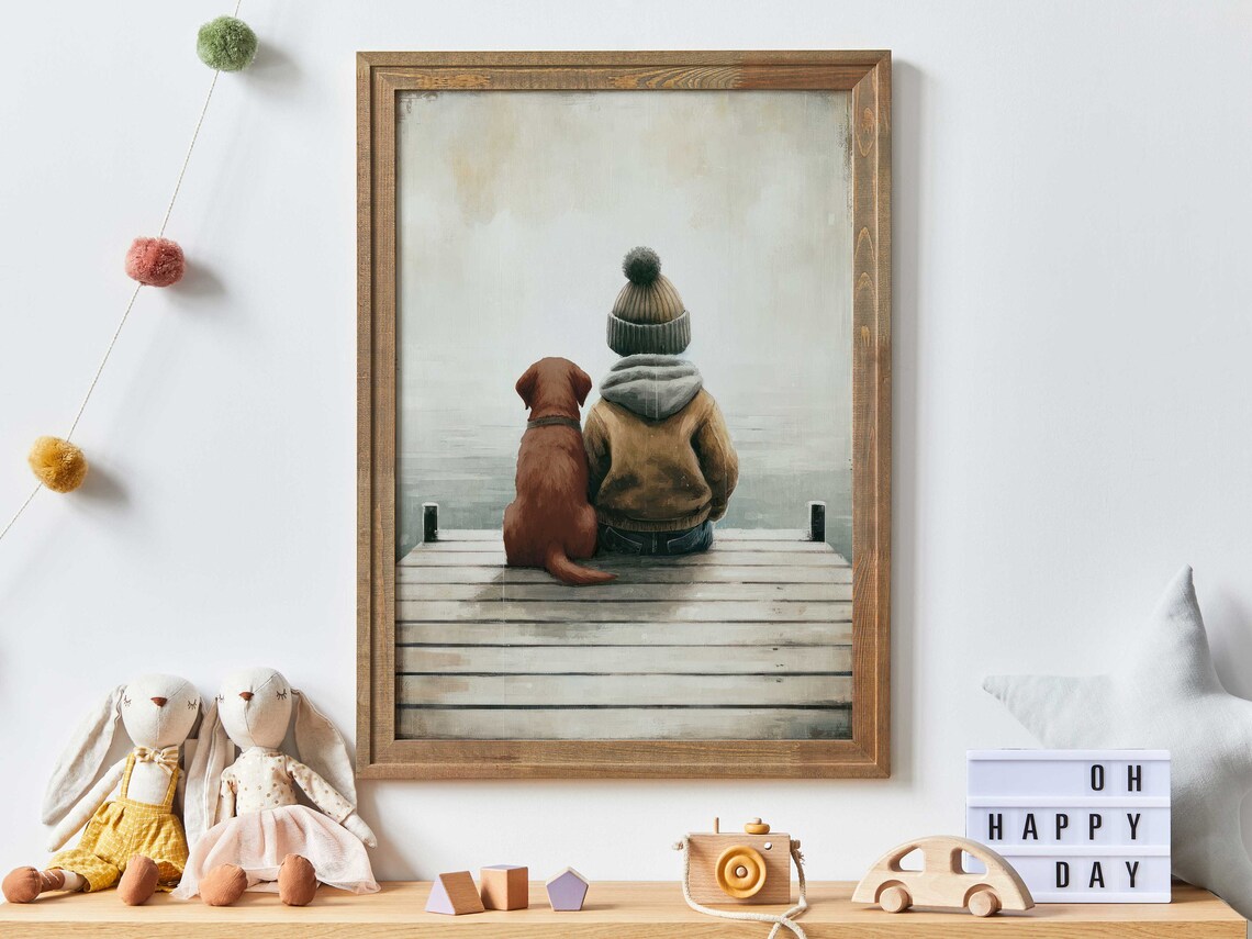 Young Boy And His Dog Sitting On Wooden Dock Over Water Poster