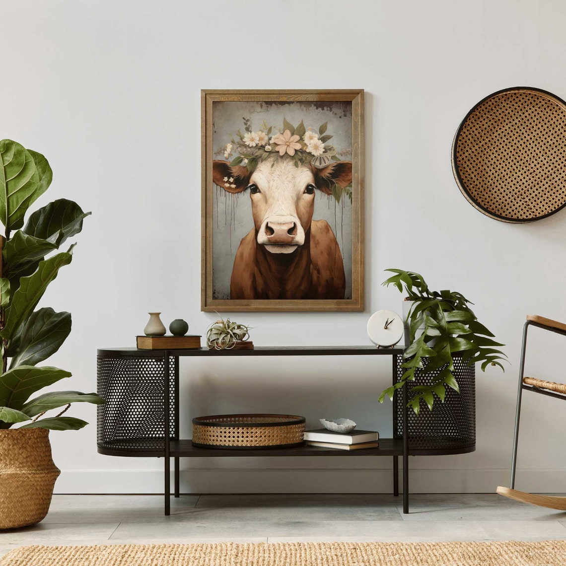 Brown Cow with Flower Crown Rustic Farmhouse Portrait Poster - Image 2