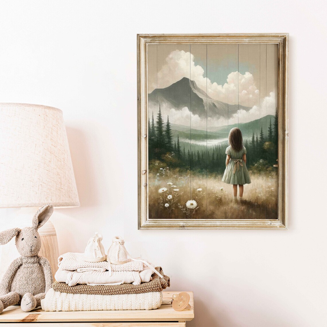 Girl in Green Dress Gazing at Misty Forest Mountains Nursery Poster - Image 2