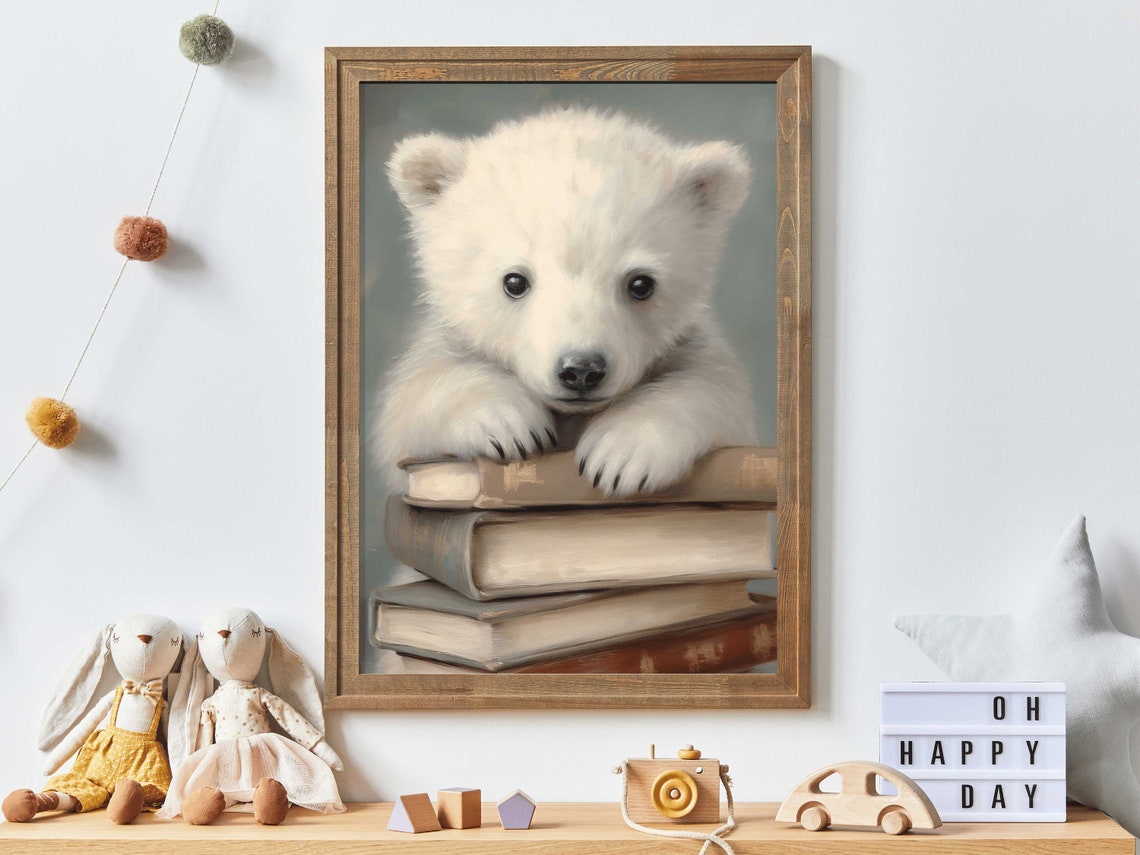 Fluffy Baby Polar Bear Cub Resting On A Stack Of Books Poster