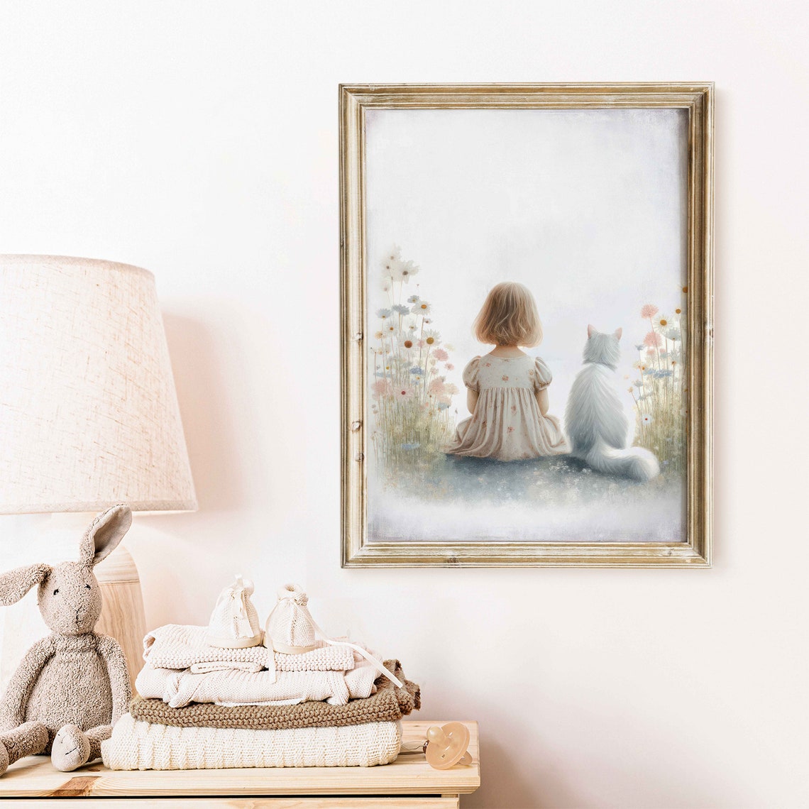 Girl and White Cat Sitting in Wildflower Meadow Nursery Poster - Image 2