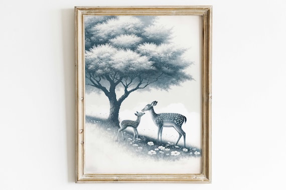 Gentle Doe and Fawn Under a Tree Sage Watercolor Nursery Wall Poster
