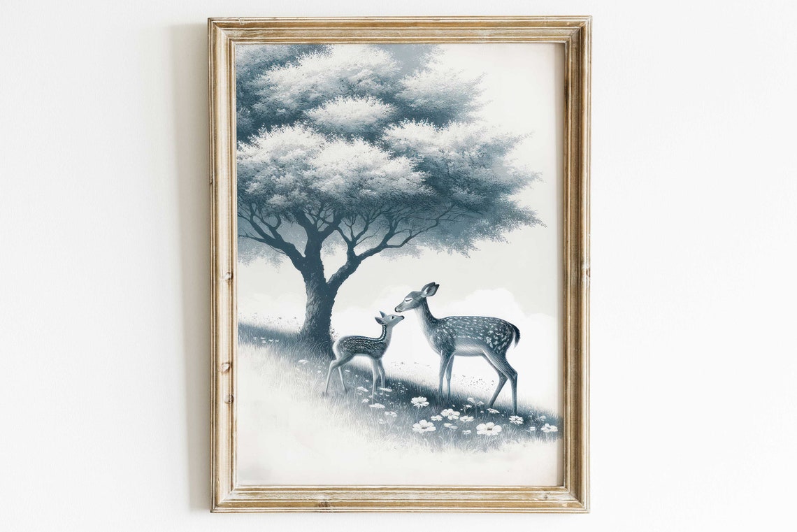 Gentle Doe and Fawn Under a Tree Sage Watercolor Nursery Wall Poster