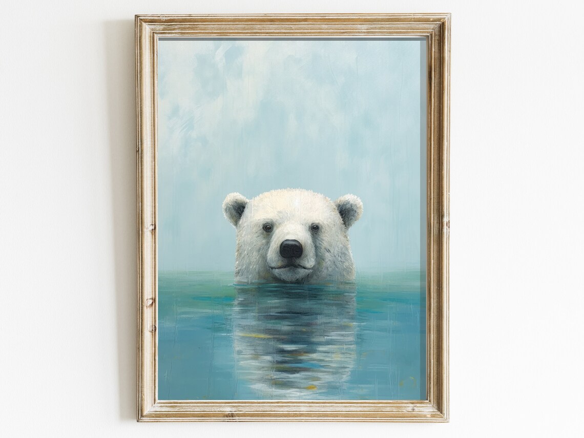 Polar Bear Swimming in Arctic Water Realistic Wildlife Art Poster