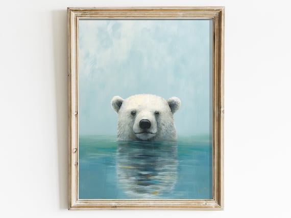 Polar Bear Swimming in Arctic Water Realistic Wildlife Art Poster