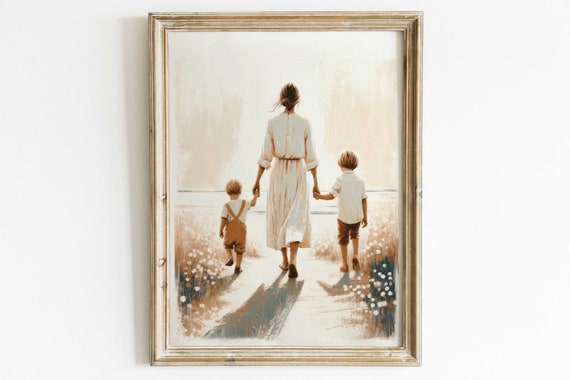 Mother And Sons Family Art Print, Two Boys Bond