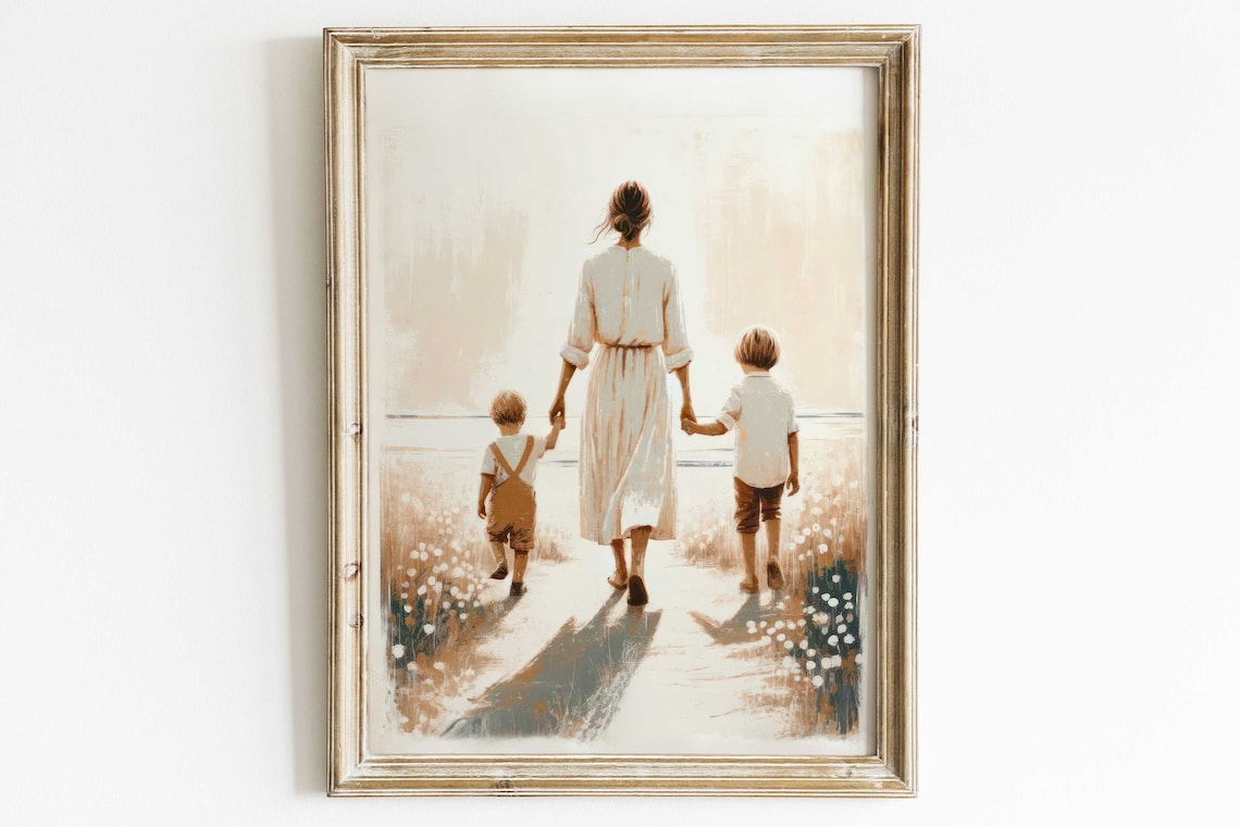 Mother And Sons Family Art Print, Two Boys Bond