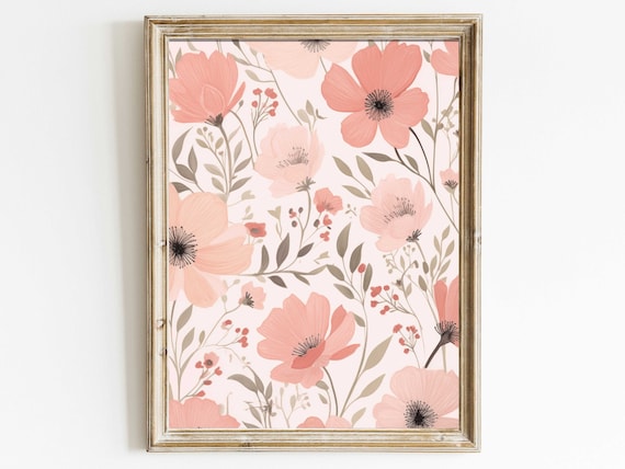 Pink Flowers Print Floral Pattern Wall Art Coral Color Floral Art Flower Wall Decor Floral Pattern Print Flower Wall Art