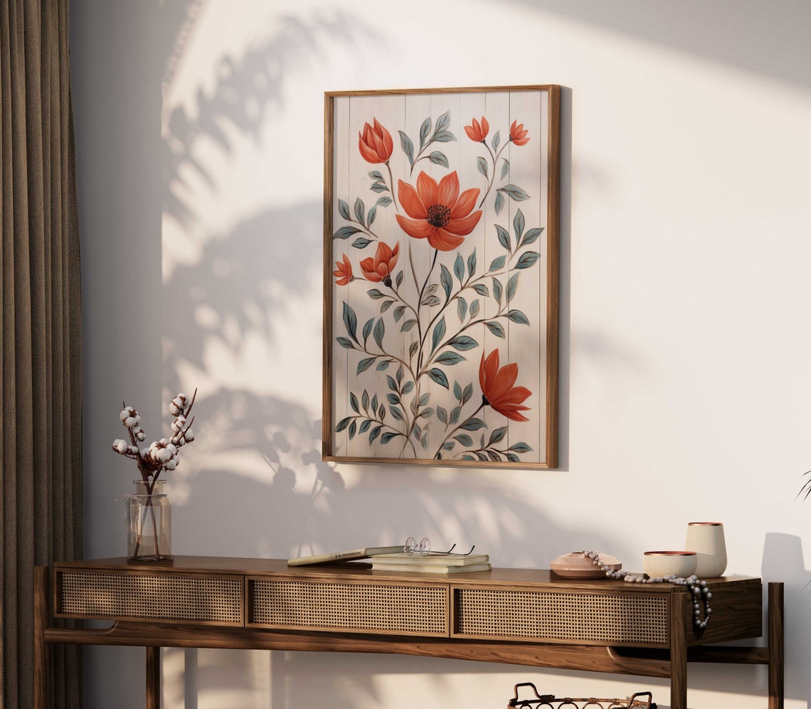 Coral Red Flowers on Whitewashed Wooden Botanical Farmhouse Poster - Image 2