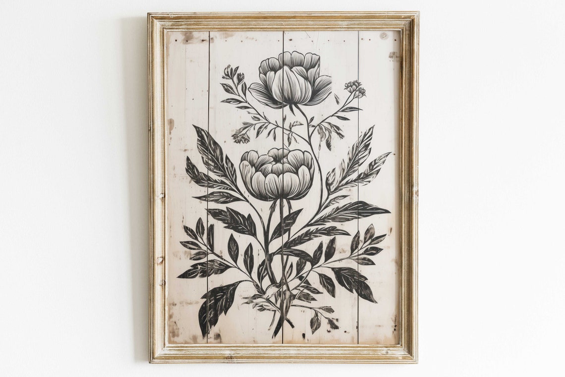 Black Ink Peonies on a Whitewashed Wood Vintage Floral Poster