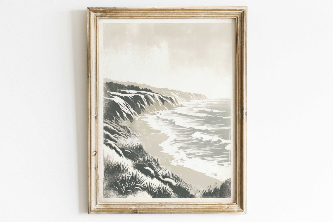 Monochrome Rocky Coastal Cliffs with Waves Grayscale Ocean Poster