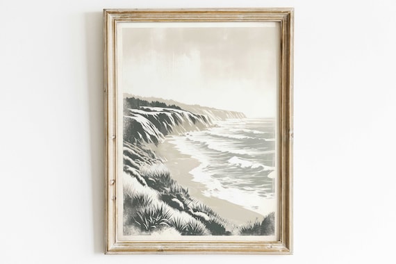 Monochrome Rocky Coastal Cliffs with Waves Grayscale Ocean Poster