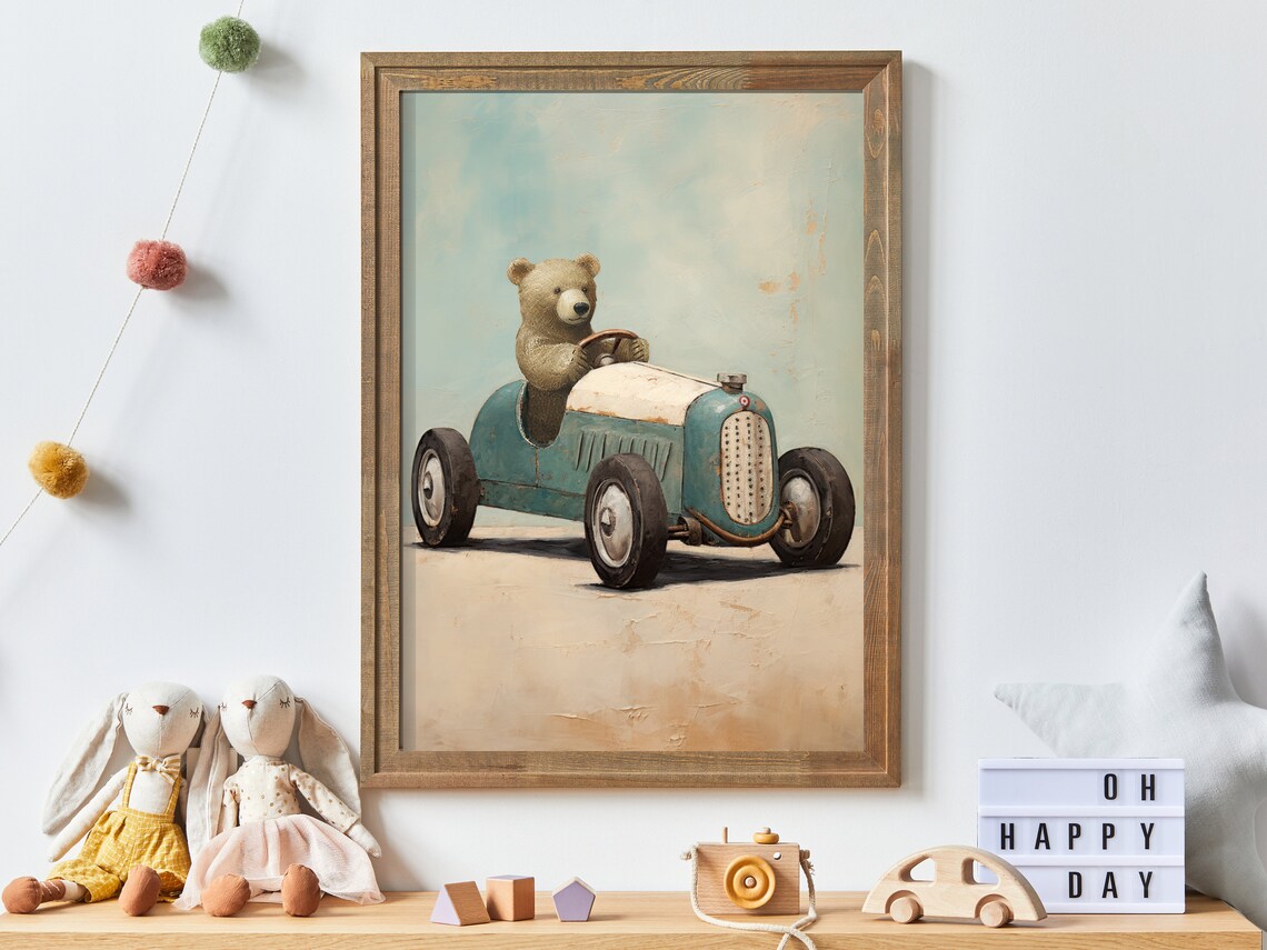 Bear Driving Sports Car Vintage Nursery Art Print