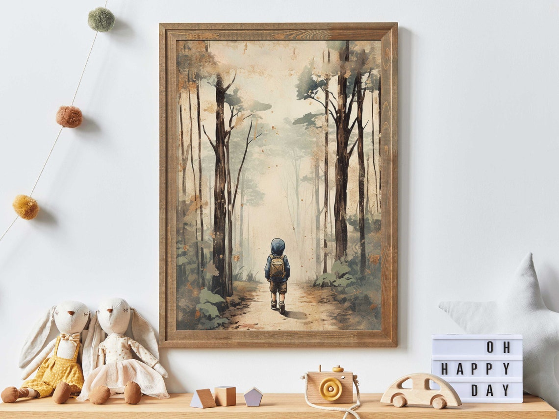 Little Boy With Backpack Walking in Golden Autumn Forest Art Print