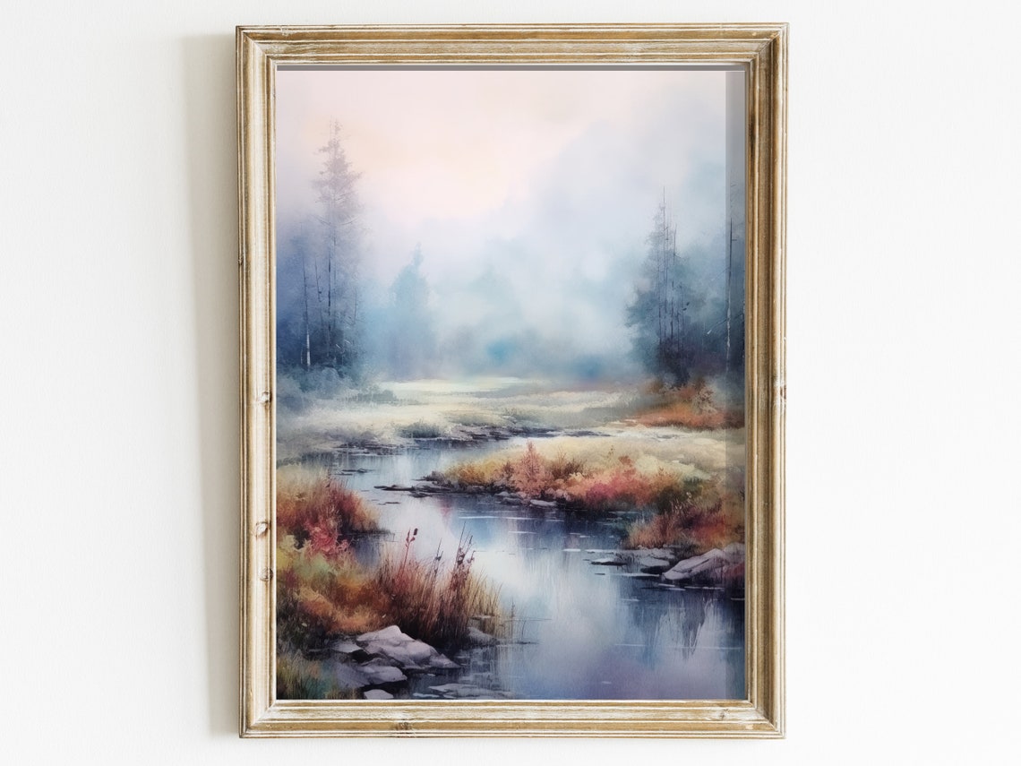 Misty Forest River Poster Autumn Watercolor Woodland Stream Landscape
