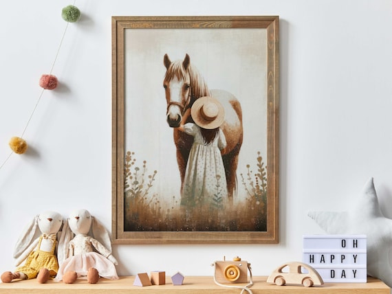 Little Girl Hugging Horse in Flower Field Nursery Decor Poster