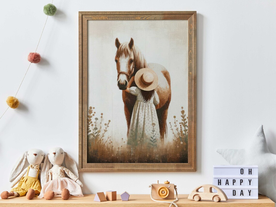 Little Girl Hugging Horse in Flower Field Nursery Decor Poster