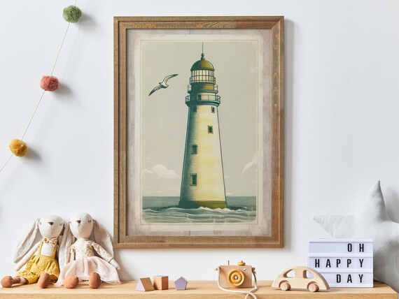 Vintage Lighthouse by the Sea with Soaring Seagull Coastal Poster