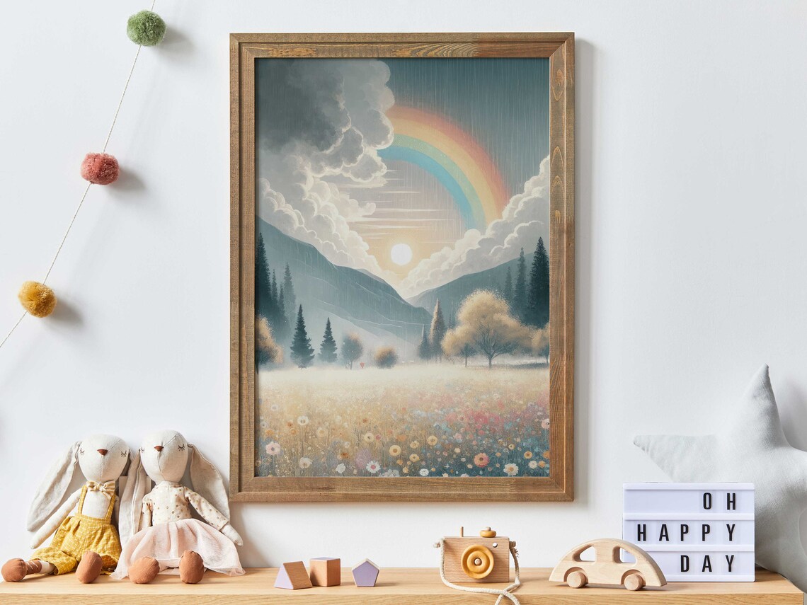 Rainbow Over Misty Valley With Wildflower Meadow Sunrise Landscape Print