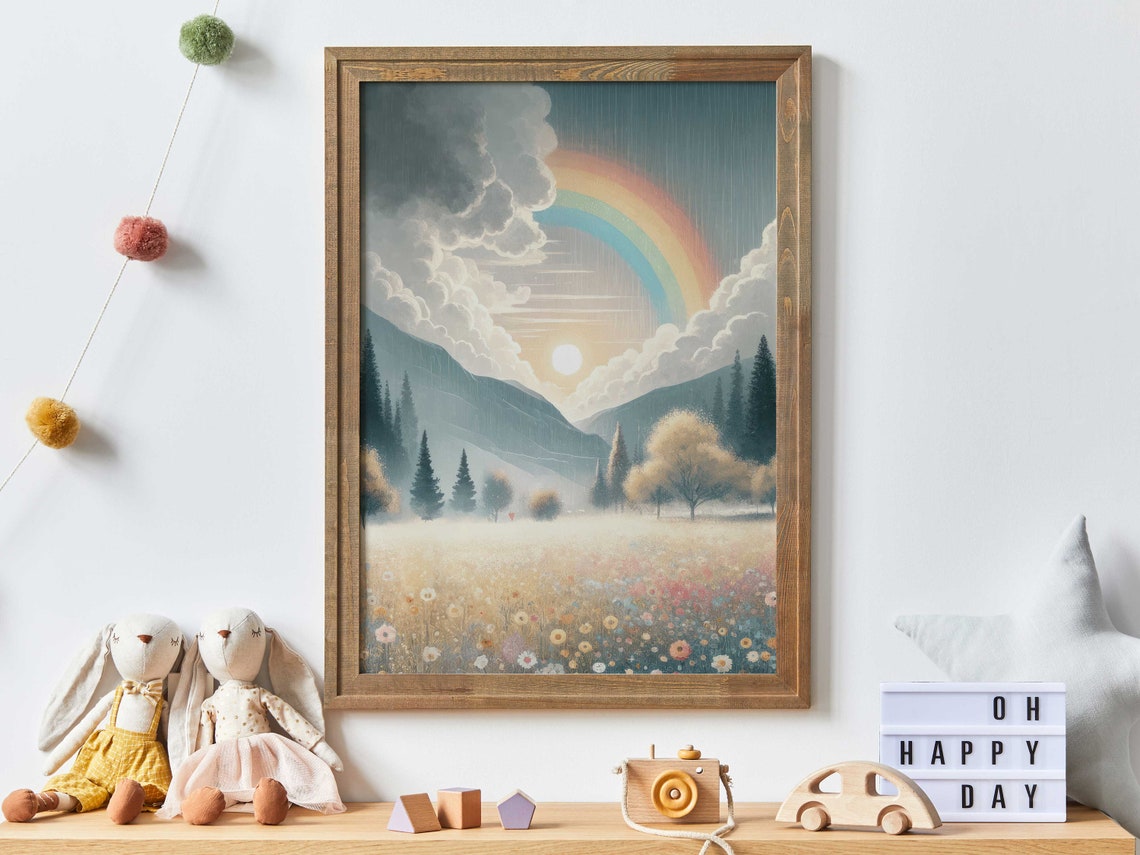 Wildflower Field Art Mountain Landscape Rainbow Nursery Decor Girl Adventure Print Wildflower Girls Room Wall Decor Girl Art